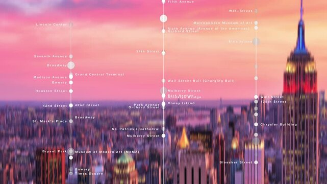 Animated map of NYC landmarks over city skyline at sunset