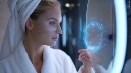 Woman s face scanned by advanced digital technology for beauty and health analysis