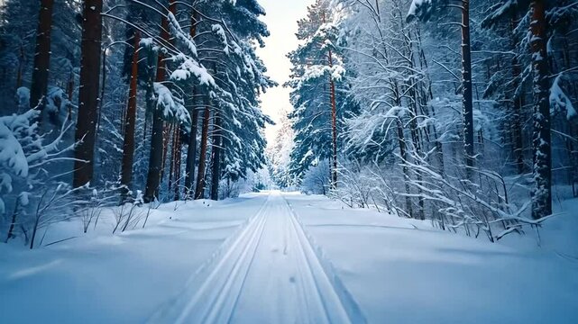 Snowy Winter Path Through Pine Forest