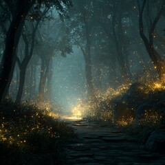 Enchanted Forest Pathway with Glowing Lights in Dusk Ambiance