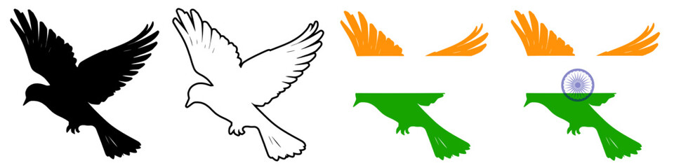Vibrant Indian Flag-Inspired Bird Silhouettes - Patriotic Dove Art with Tricolor Design, Featuring Saffron, White, Green, and Ashoka Chakra - High-Quality Vector Illustration for republic Day.