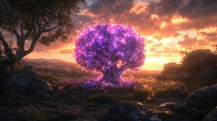 Magical tree glowing at sunset nature scene fantasy environment serene viewpoint
