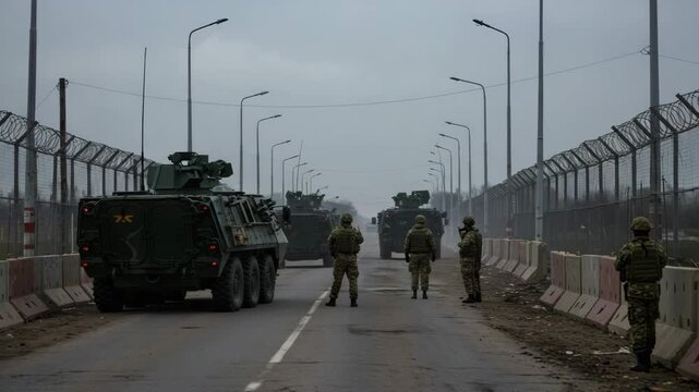Military checkpoint with soldiers and armored vehicles, border security, tense atmosphere