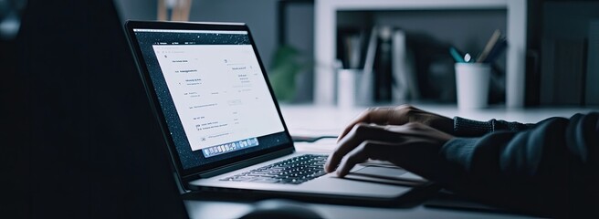 Laptop displaying document, hands typing