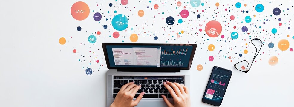 Laptop and hands typing on keyboard surrounded by colorful data visualizations,  with a smartphone and glasses