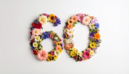 Number 60 made out of flowers with solid white background. Photo for 60th birthday or anniversary party