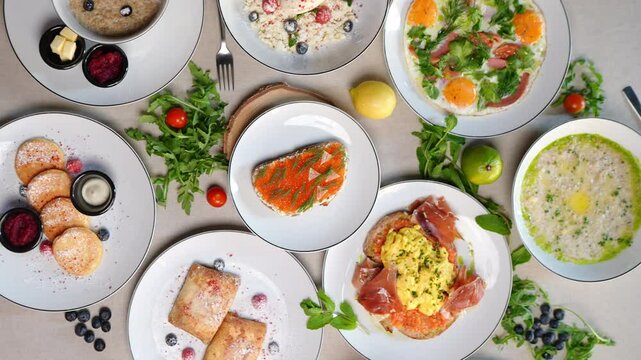 Colorful Eastern European dishes displaying traditional homemade culinary specialties, neatly presenting appetizing food varieties on wooden surface
