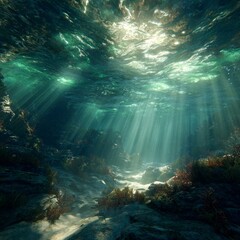 Obraz premium Sunlight Filtering Through Ocean Waves in a Tranquil Underwater Scene