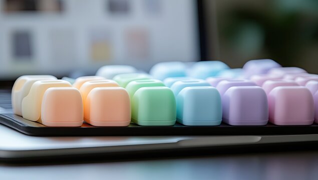 Close-up of a colorful, customizable keyboard grid on a laptop.  Pastel-toned, square keys arranged in rows