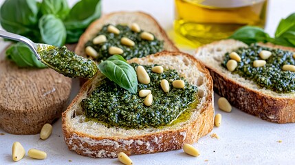 Pesto sauce being spread over a slice of crusty bread, with basil sprigs, pine nuts, and olive oil visible in the background.
