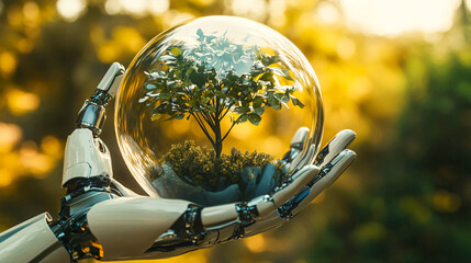 Robot hands carefully holding a glass sphere with a young tree inside, showcasing technology and nature, sustainability concept.