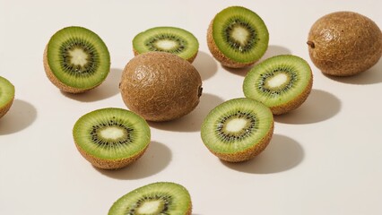 Fototapeta premium Kiwi slices scattered on a light background.