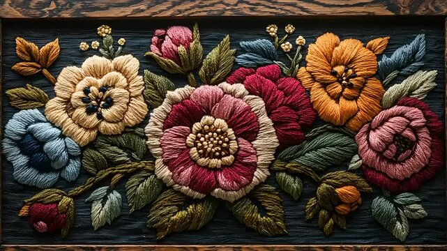 Detailed embroidered floral arrangement on dark background