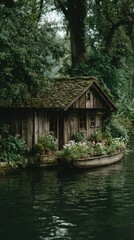 Fototapeta premium Small Cozy Houseboat on Calm Water for Relaxation and Escape