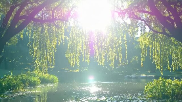 Peaceful Japanese garden scene with a tranquil pond and willow trees