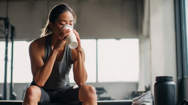 Recharge and Replenish: A determined individual pauses to hydrate, captured in a moment of post-workout recovery, inside a spacious, modern gym setting.