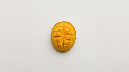 A mango slice meticulously diced into small cubes.