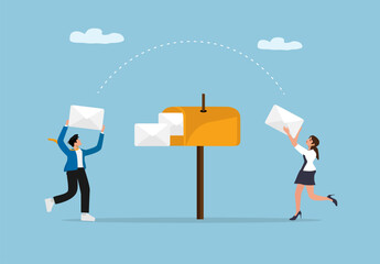 Business Team Sending Emails to Mailbox. Vector Illustration of Office Workers with Envelopes Communicating via Digital Message Delivery Concept