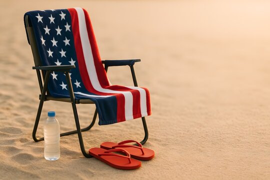 Beach chair with American flag towel, sandals, and water bottle  
