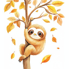 Obraz premium Watercolor Sloth Hanging on Autumn Tree Branch with Falling Leaves