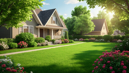 Suburban Home with Vibrant Garden and Green Lawn