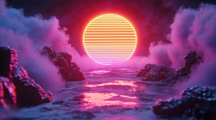 Stunning neon sunset over misty waters digital art scene atmospheric landscape vivid colors dreamy concept
