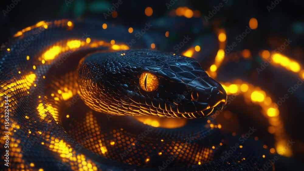 Poster A close-up view of a snake's face with its eyes glowing in the dark, suitable for use in scenes involving danger, mystery, or fantasy