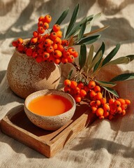 Sea Buckthorn Berries and Juice in Rustic Pottery on a Wooden Tray with Linen Fabric in Warm Sunlight