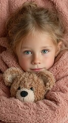 Young child wrapped in soft blanket holding teddy bear in cozy indoor setting during morning