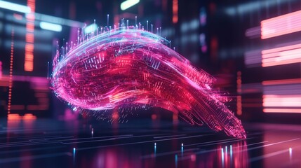 Dynamic abstract digital wave formation virtual space 3d render neon environment close-up view technology concept
