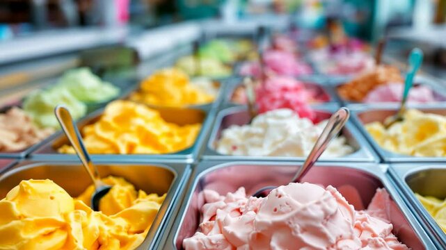 Bright ice cream shop window filled with colorful gelato in stainless trays for modern dessert lovers and sweet fans