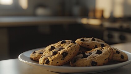Close-up of warm chocolate chip cookies on a white plate, bathed in morning sunlight