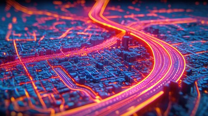 Traffic flow visualization urban environment digital artwork night view futuristic concept
