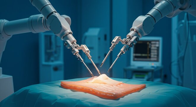 Robotic arms operate on tissue on a surgical table in a blue-toned operating room.
