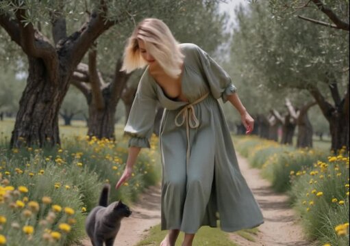 Una mujer camina descalza con un gato gris por un sendero