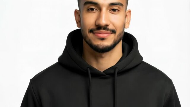 Person wearing a plain black hooded sweatshirt against a clean white background in a studio setting for fashion or apparel mock-up.