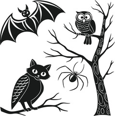 Fototapeta premium Cute Cartoon Owls Sitting on Tree Branch at Night