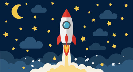 Businessman Riding a Rocket Through Space: Startup Ambition. Cheerful businessman riding a soaring rocket through a starry night sky, symbolizing ambitious startup launch, rapid growth, and innovation