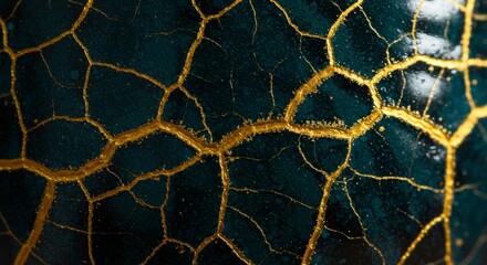 Close-up of teal-colored surface with golden cracks, resembling a repaired ceramic object using the Kintsugi method.