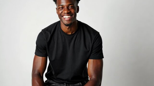 Happy smiling black young man sitting comfortably on a black stool wearing gray jeans and an unlabeled black t-shirt isolated on white.
