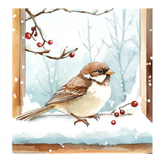 Watercolor Sparrow Perched on Snowy Windowsill