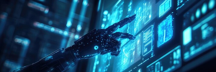 Futuristic robotic arm interacting with a glowing, complex digital interface