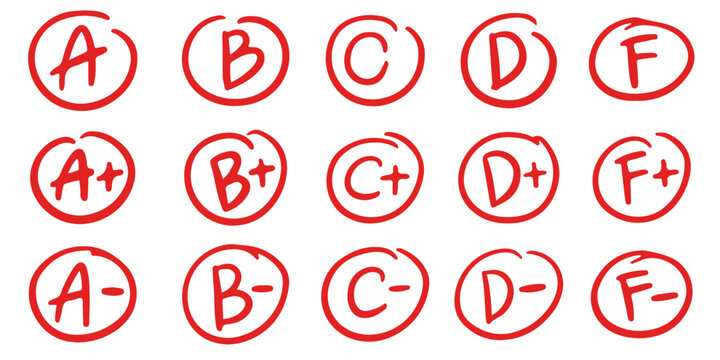 English exam grade mark set. Doodle A, B, C, D, F for examination. Circle grade score symbol. School teacher test. Vector handwritten scribble red marker academic symbols on white background