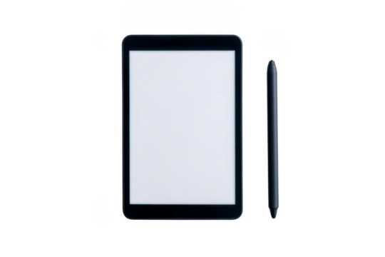 A sleek digital tablet with a blank white screen and a black stylus pen positioned next to it.