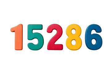 Colorful wooden numbers 1, 5, 2, 8, and 6 arranged in a row with distinct textures and vibrant colors.