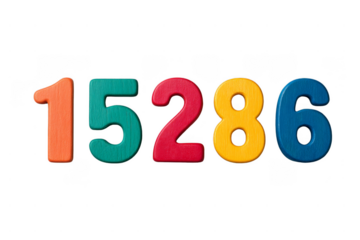 Colorful wooden numbers 1, 5, 2, 8, and 6 arranged in a row with distinct textures and vibrant colors.