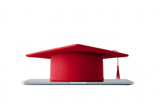 A red graduation cap is placed on an open silver laptop, symbolizing online education or virtual graduation.