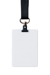 A blank white rectangular ID badge attached to a black lanyard with a metal ring and clip.