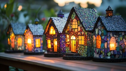 Tiny mosaic houses, lit from within