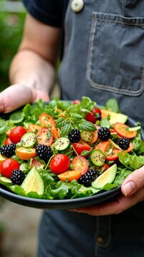 Man hands holding big deep plate full of healthy paleo vegetarian salad made from fresh organic biological ingredients, vegetables and fruits, berries and other foods.